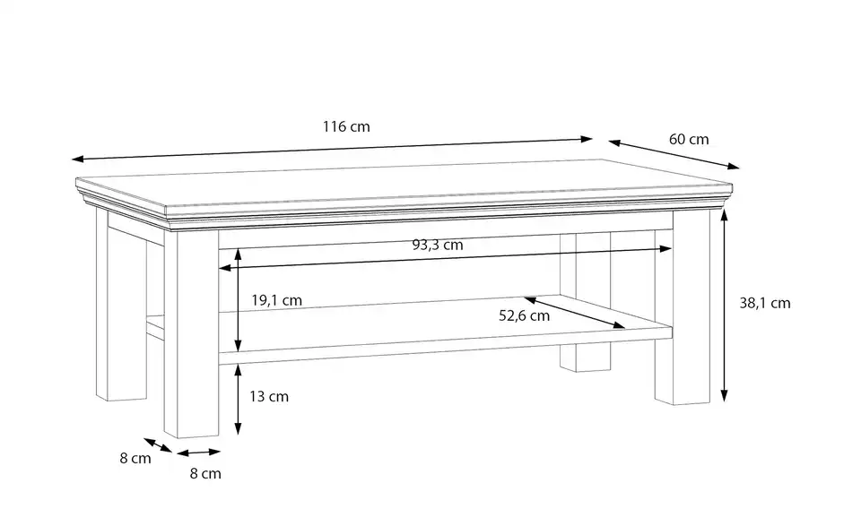 Couchtisch Countryside, Bemaßung