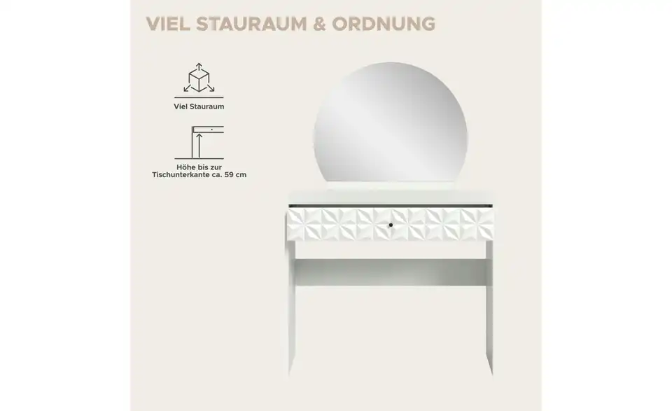 Schminktisch mit Spiegel, Bild mit Text