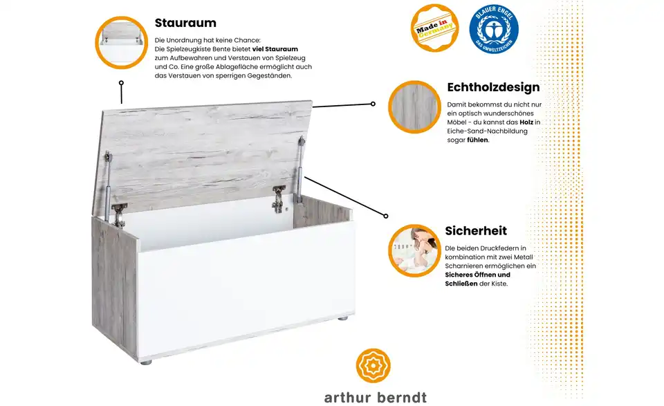 Spielzeugtruhe, Bild mit Text