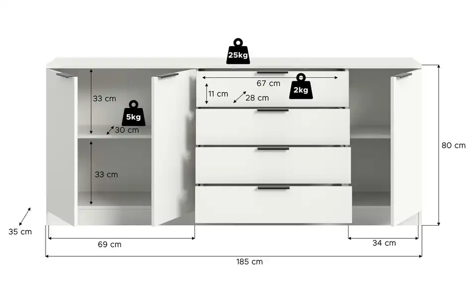 Sideboard Kopenhagen, Bemaßung