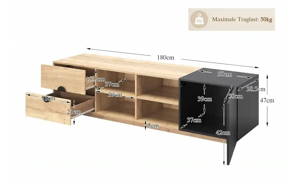 TV-Lowboard Quint, Bemaßung