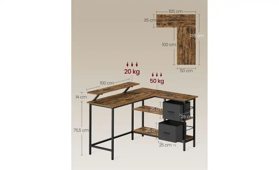 Computertisch Brandon, Bemaßung