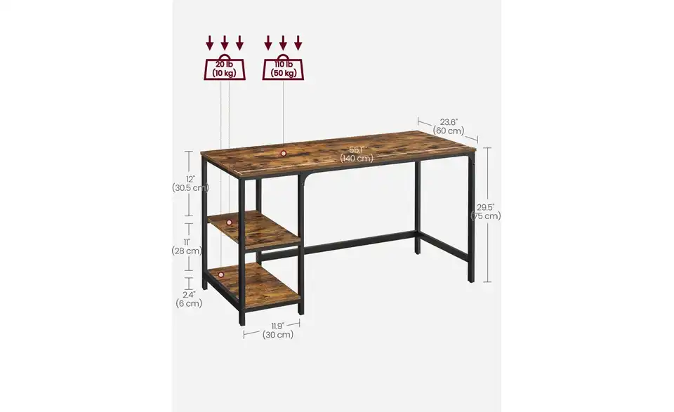 Computertisch Brandon, Bemaßung