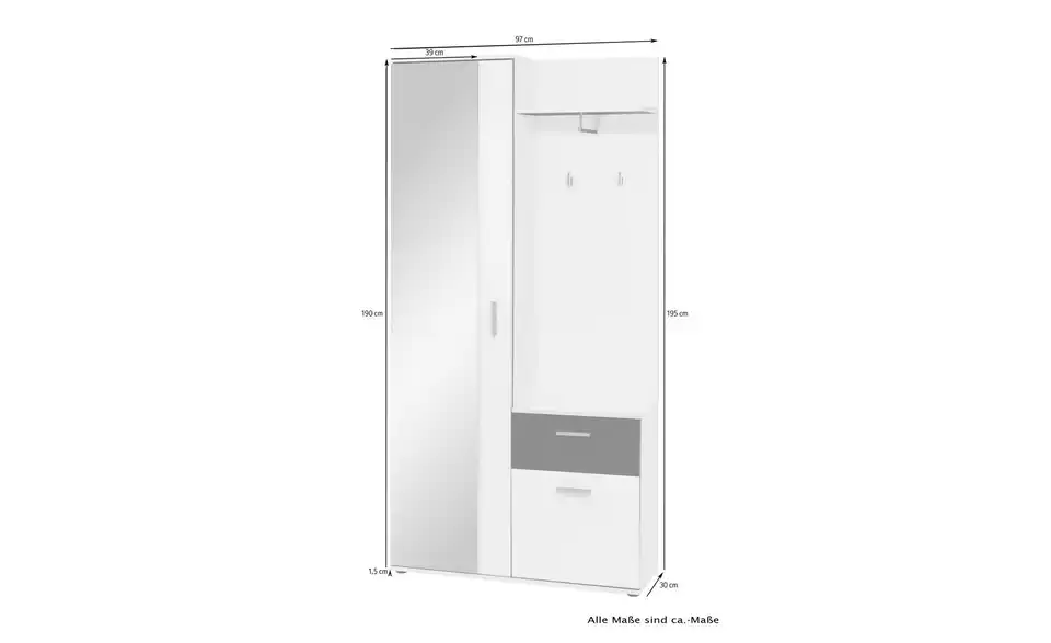 by Living Kompaktgarderobe Jakob, Bemaßung
