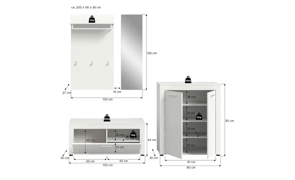 Garderobenkombination, Bemaßung