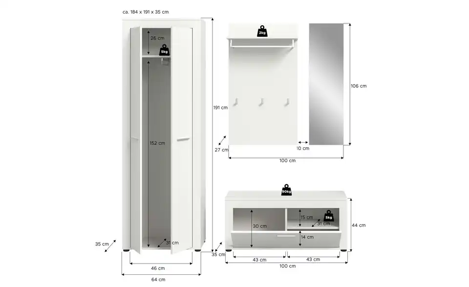 Garderobenkombination, Bemaßung