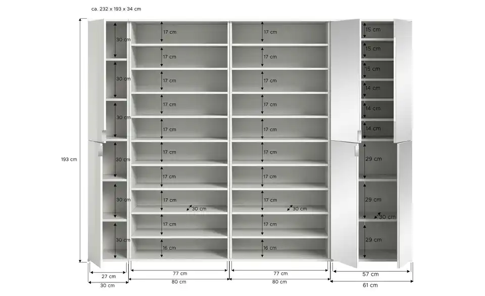 Garderobenkombination, Bemaßung