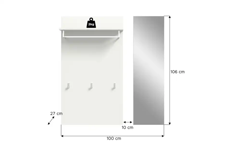 Paneel mit Spiegel, Bemaßung