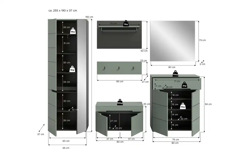 Garderobenkombination 6-teilig Canu, Bemaßung
