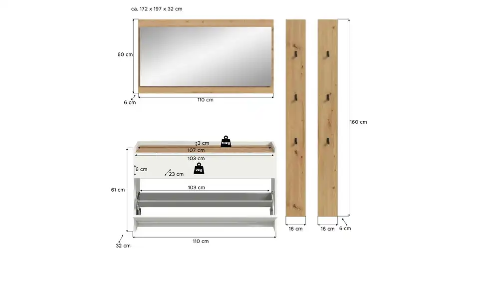 Garderobenkombination, Bemaßung