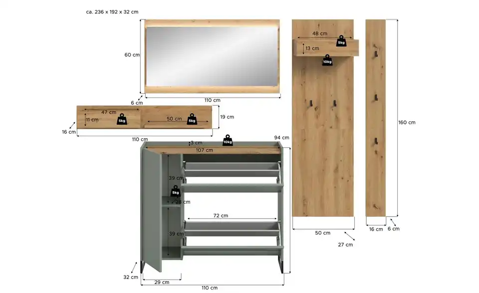 Garderobenkombination, Bemaßung