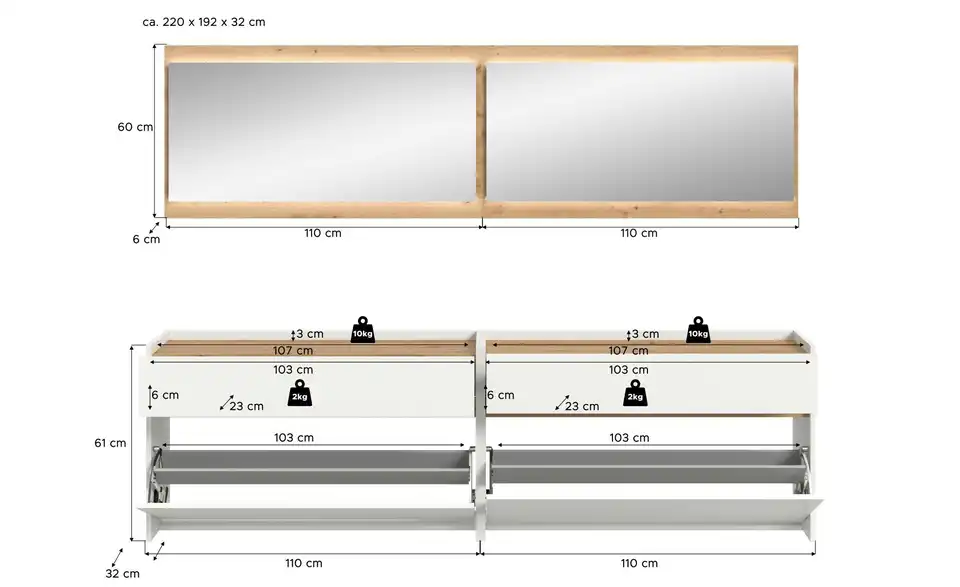 Garderobenkombination, Bemaßung