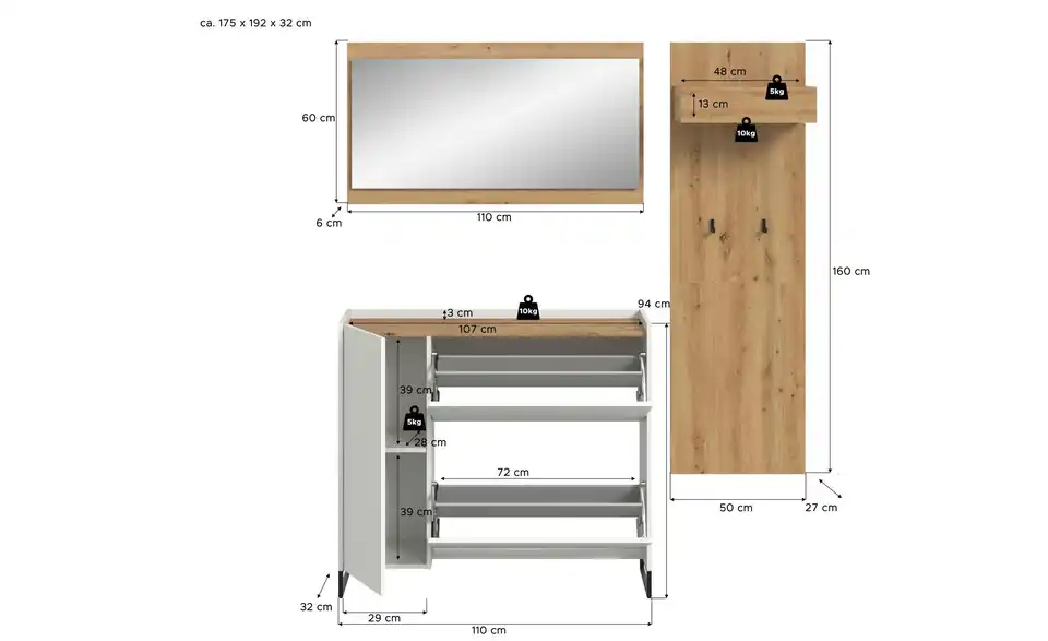 Garderobenkombination, Bemaßung