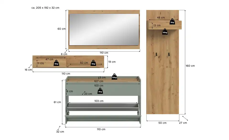 Garderobenkombination, Bemaßung