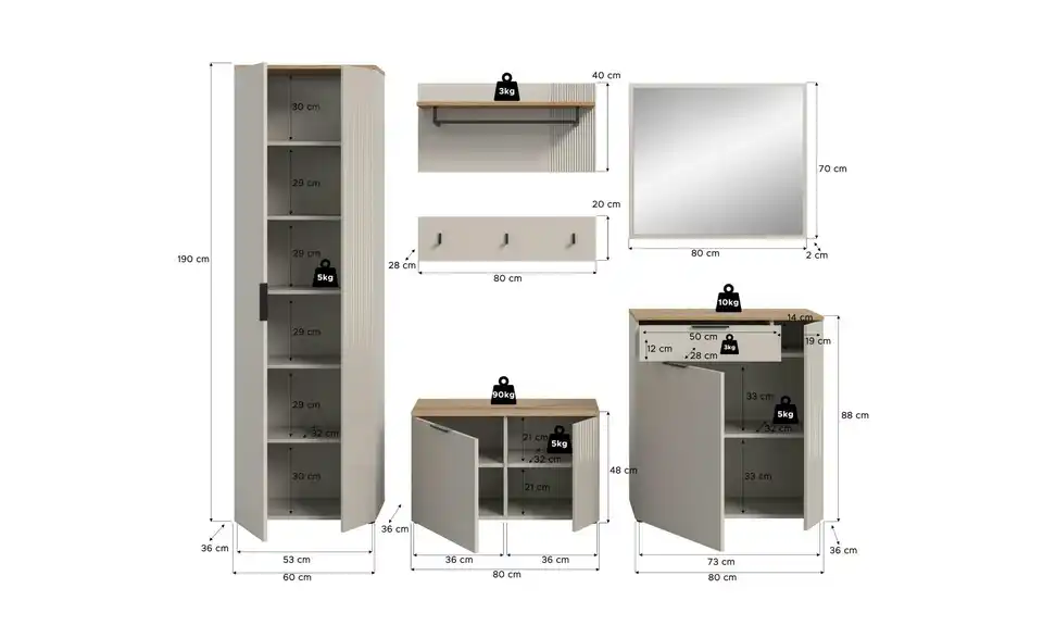 Garderobenkombination, Bemaßung