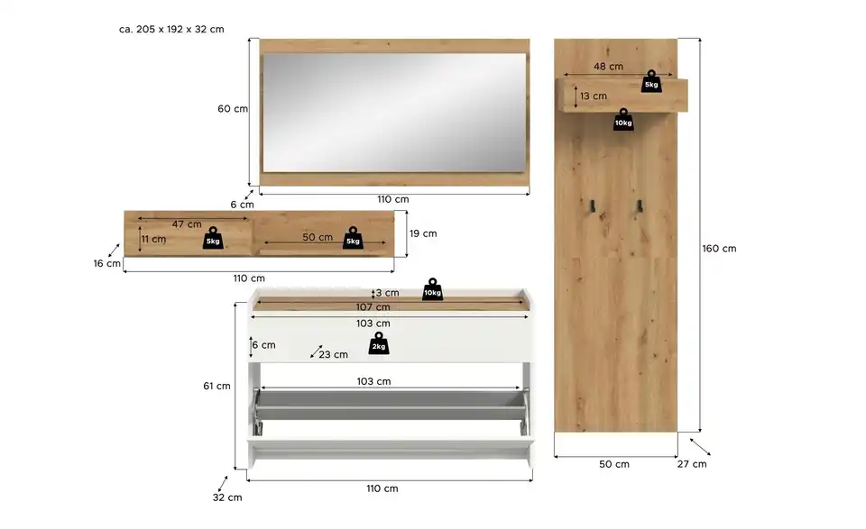 Garderobenkombination, Bemaßung