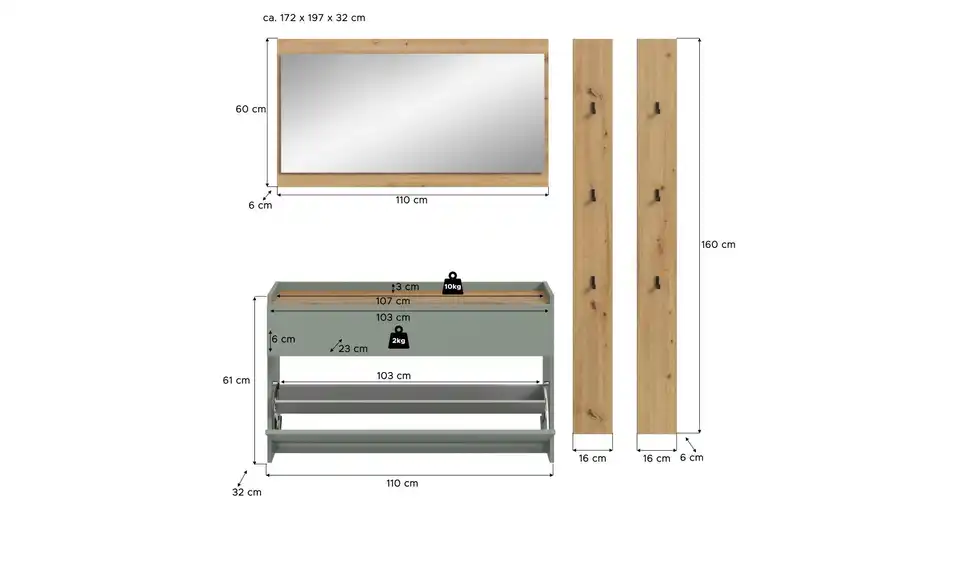 Garderobenkombination, Bemaßung