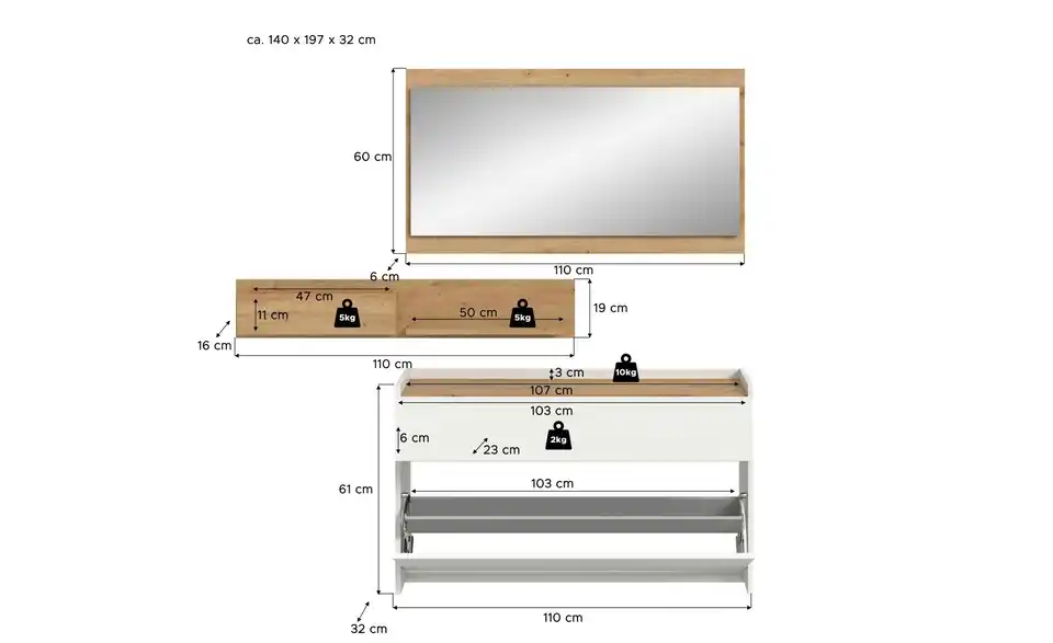 Garderobenkombination, Bemaßung