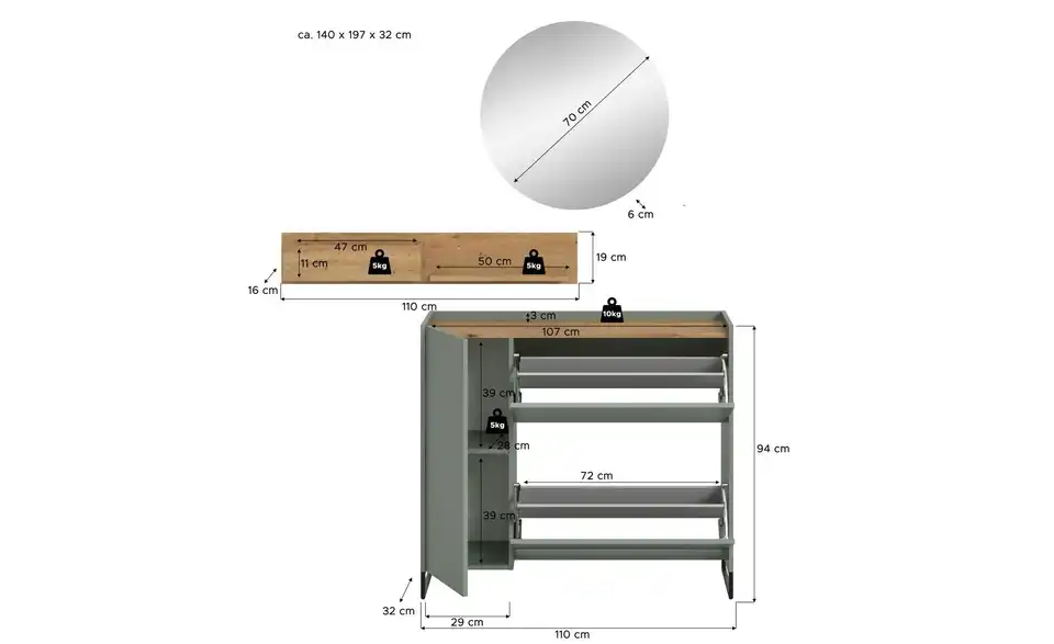 Garderobenkombination, Bemaßung