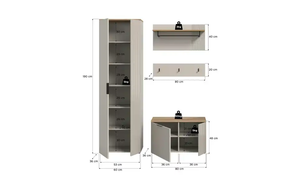 Garderobenkombination, Bemaßung