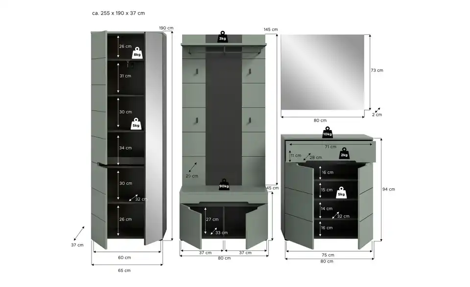 Garderobenkombination, Bemaßung