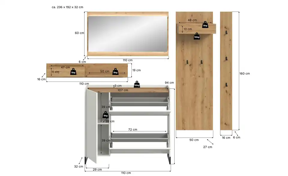 Garderobenkombination, Bemaßung