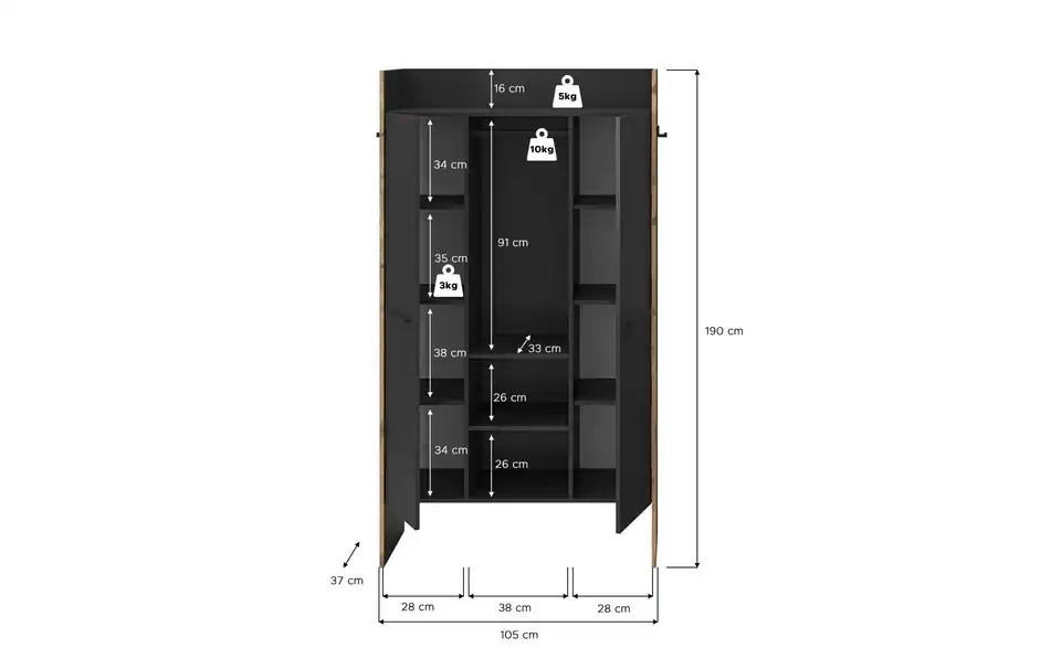 Garderobenschrank Bueno, Bemaßung