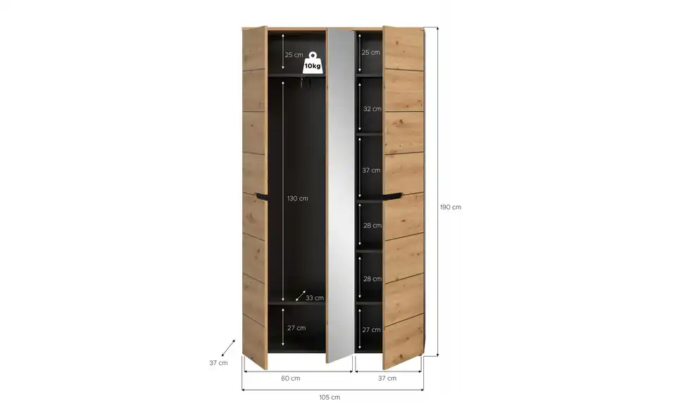 Garderobenschrank, Bemaßung