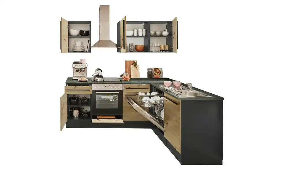 Küchenzeile mit E-Geräten, geöffnet