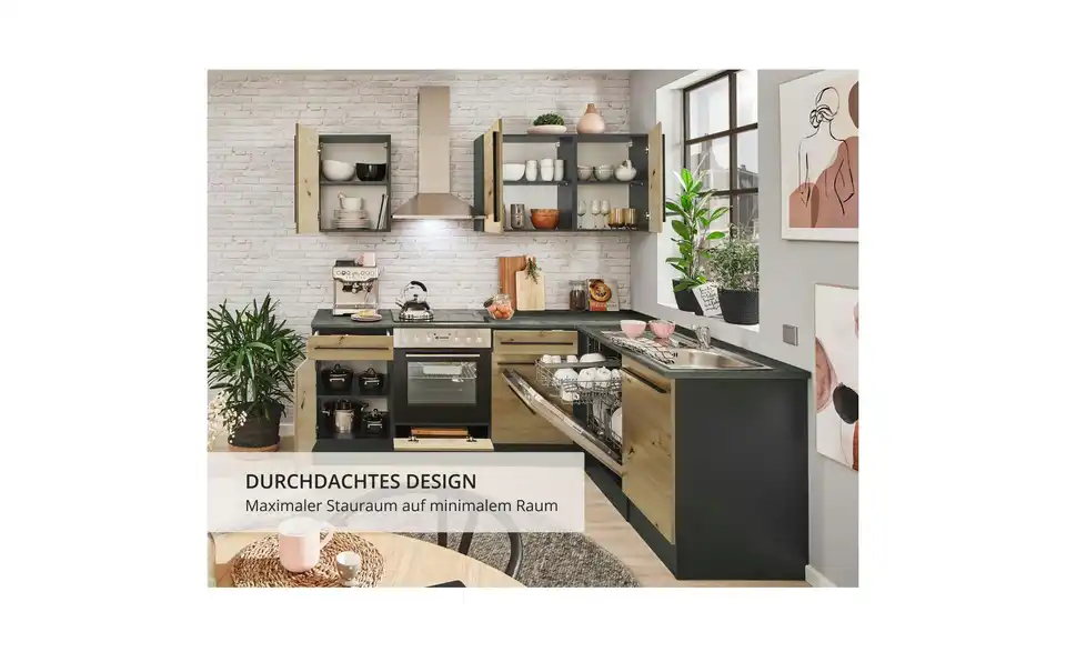 Küchenzeile mit E-Geräten, Bild mit Text