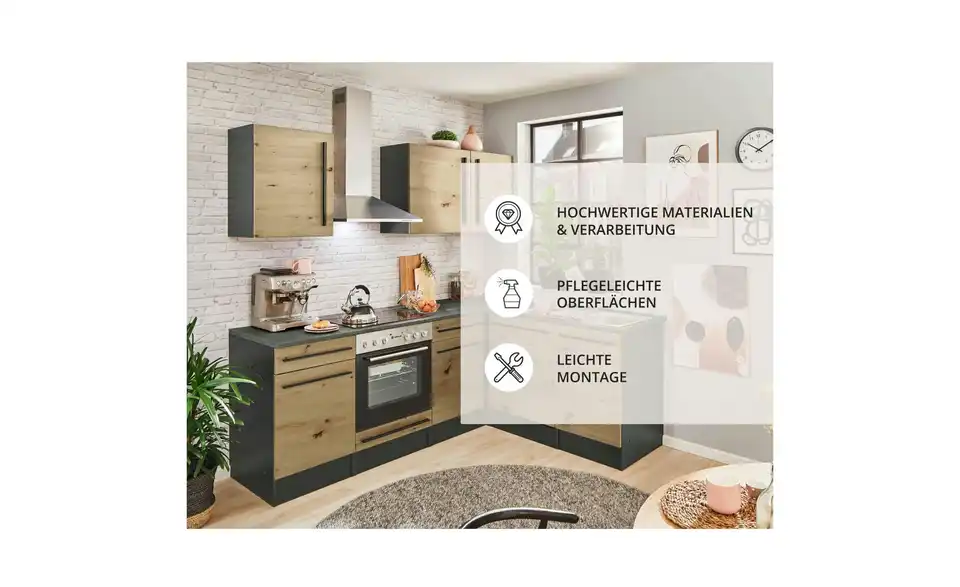 Küchenzeile mit E-Geräten, Bild mit Text