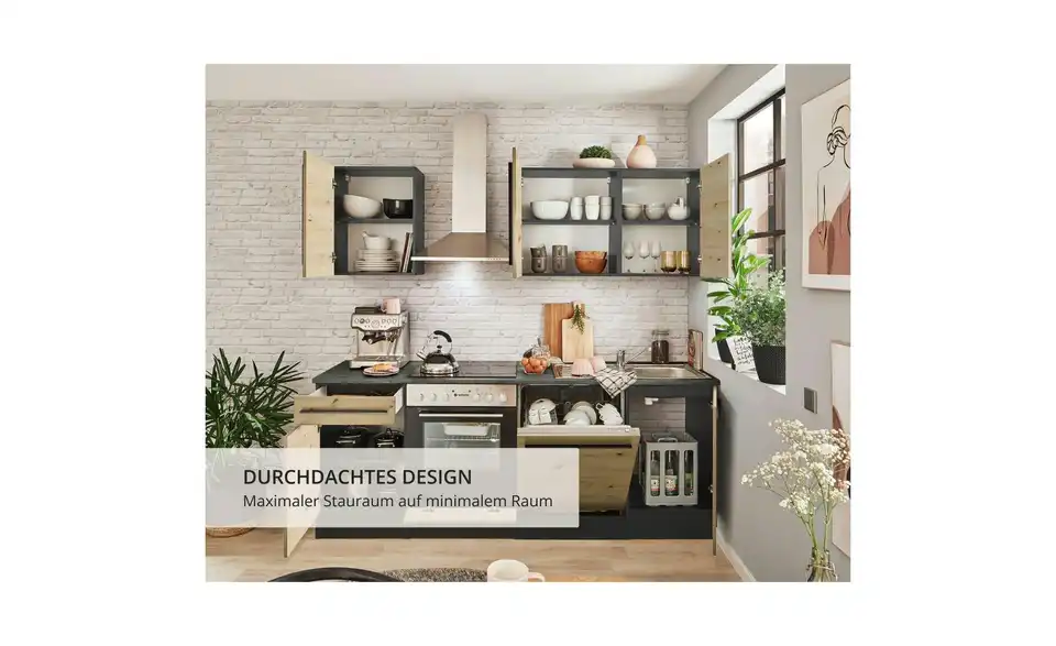 Küchenzeile mit E-Geräten, Bild mit Text