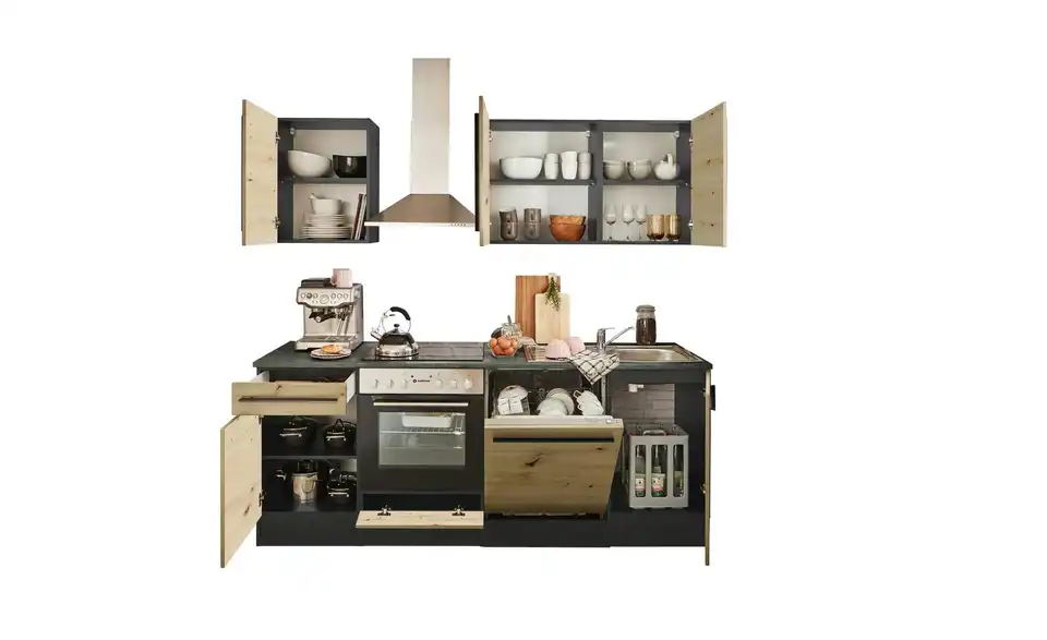 Küchenzeile mit E-Geräten, geöffnet