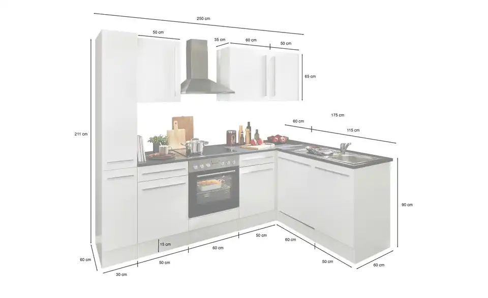 Küchenzeile mit E-Geräten, Bemaßung