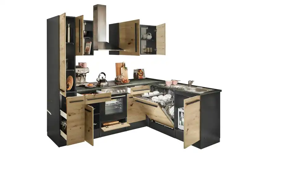 Küchenzeile mit E-Geräten, geöffnet