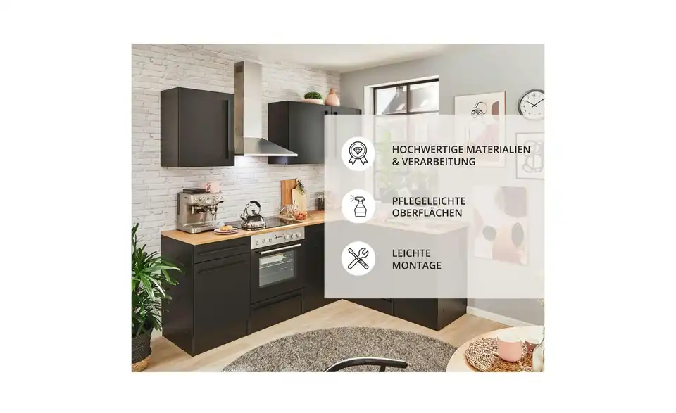 Küchenzeile mit E-Geräten, Bild mit Text