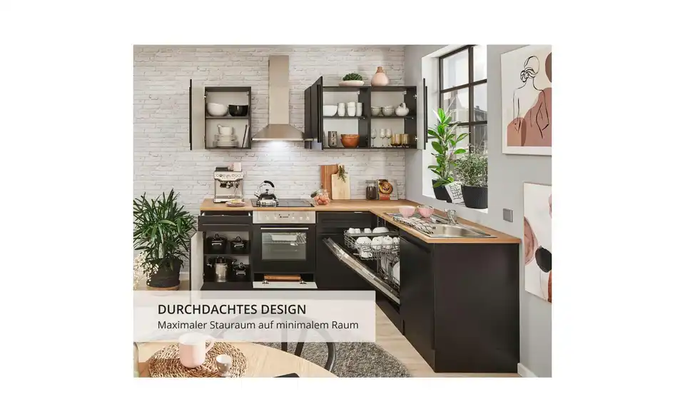 Küchenzeile mit E-Geräten, Bild mit Text