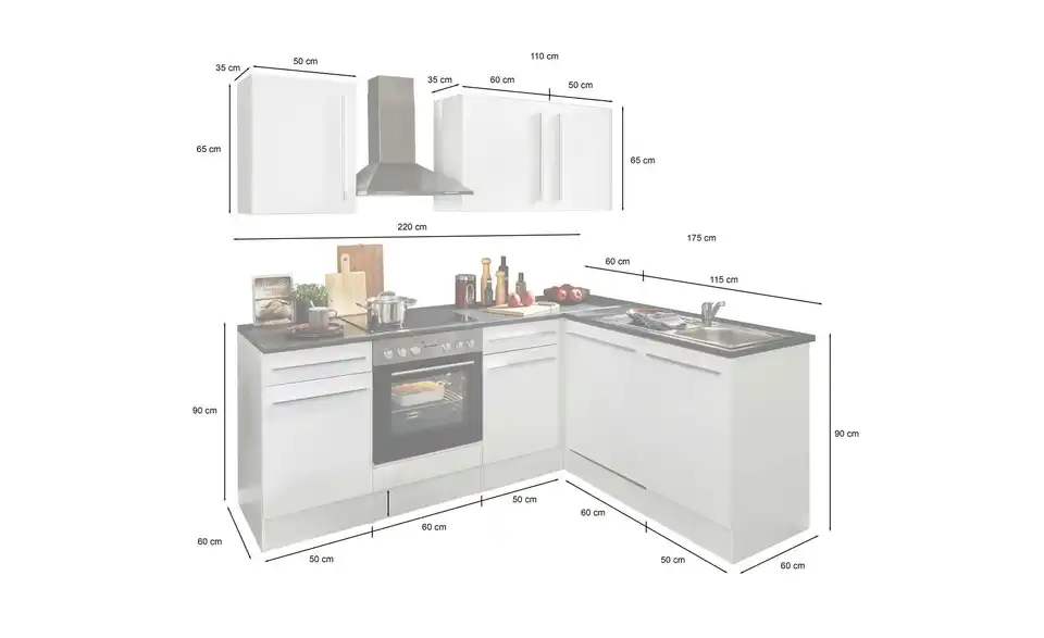 Küchenzeile mit E-Geräten, Bemaßung