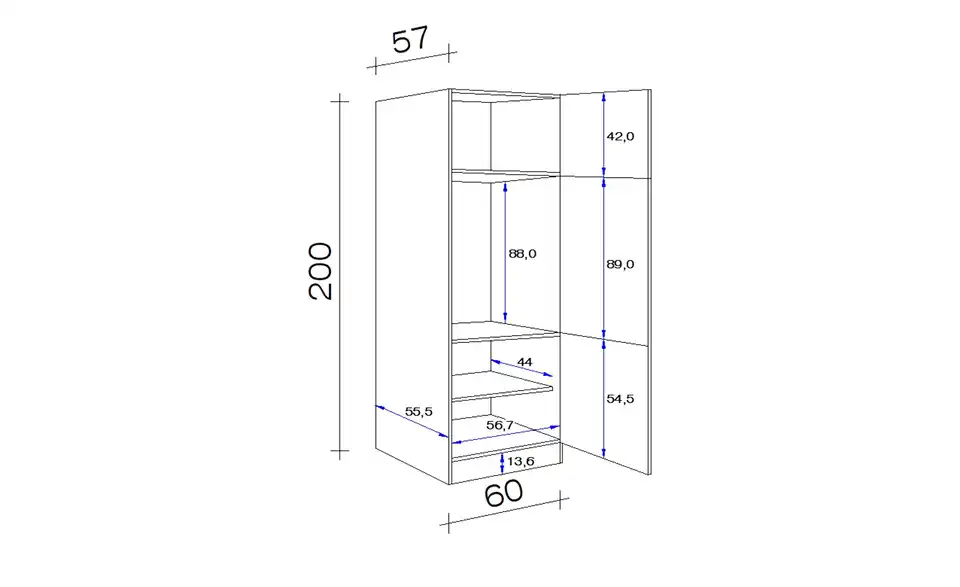 Geräteumbauschrank Ede, Bemaßung