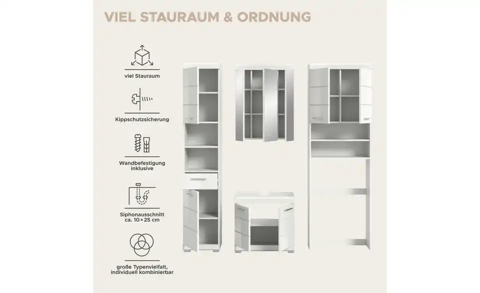 Badmöbel-Set SCHLOONSEE, 4 teilig, bestehend aus: Hochschrank, WBU, Spiegelschrank, Waschmaschinenumbauschrank Schloonsee, Bild mit Text