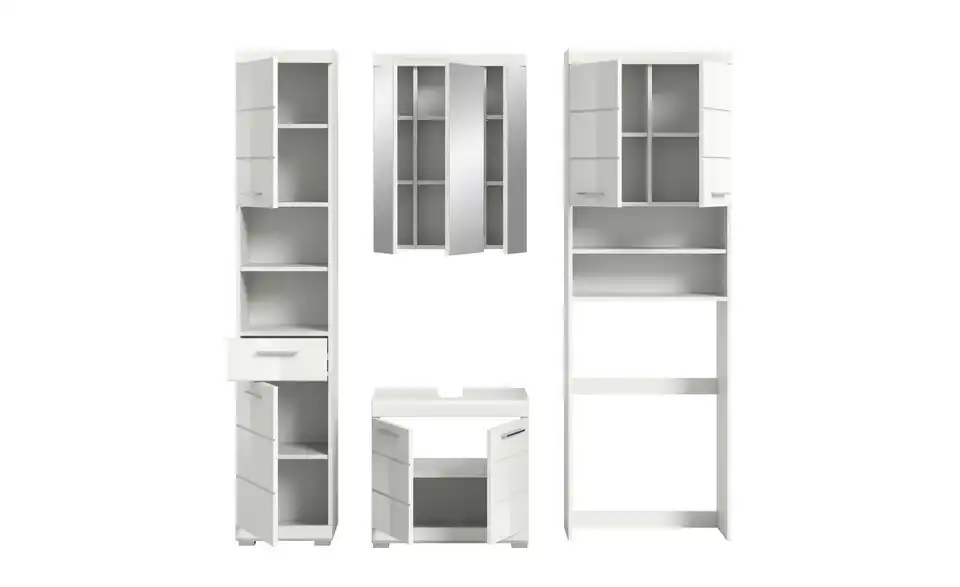 Badmöbel-Set SCHLOONSEE, 4 teilig, bestehend aus: Hochschrank, WBU, Spiegelschrank, Waschmaschinenumbauschrank Schloonsee, geöffnet