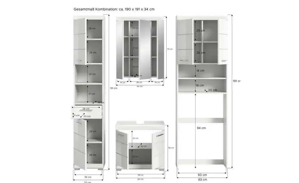 Badmöbel-Set SCHLOONSEE, 4 teilig, bestehend aus: Hochschrank, WBU, Spiegelschrank, Waschmaschinenumbauschrank Schloonsee, Bemaßung