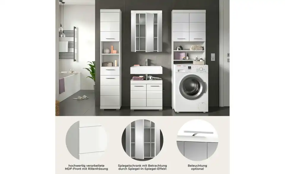 Badmöbel-Set SCHLOONSEE, 4 teilig, bestehend aus: Hochschrank, WBU, Spiegelschrank, Waschmaschinenumbauschrank Schloonsee, Bild mit Text