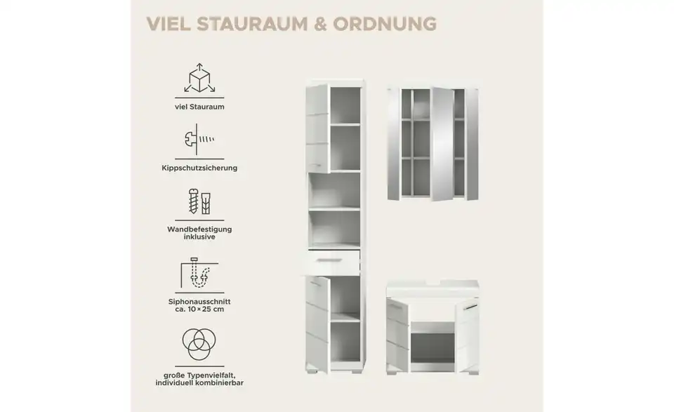 Badmöbel-Set SCHLOONSEE, 3 teilig, bestehend aus: Hochschrank, Waschbeckenunterschrank, Spiegelschrank Schloonsee, Bild mit Text