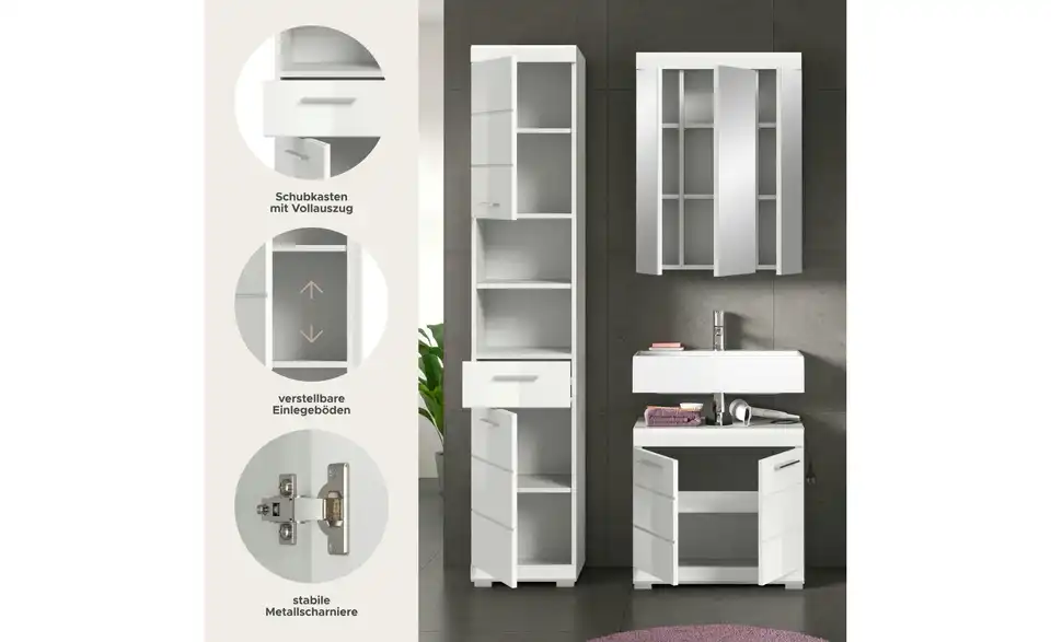 Badmöbel-Set SCHLOONSEE, 3 teilig, bestehend aus: Hochschrank, Waschbeckenunterschrank, Spiegelschrank Schloonsee, Bild mit Text