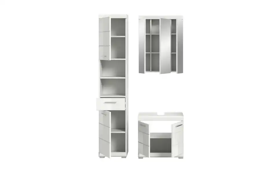 Badmöbel-Set SCHLOONSEE, 3 teilig, bestehend aus: Hochschrank, Waschbeckenunterschrank, Spiegelschrank Schloonsee, geöffnet