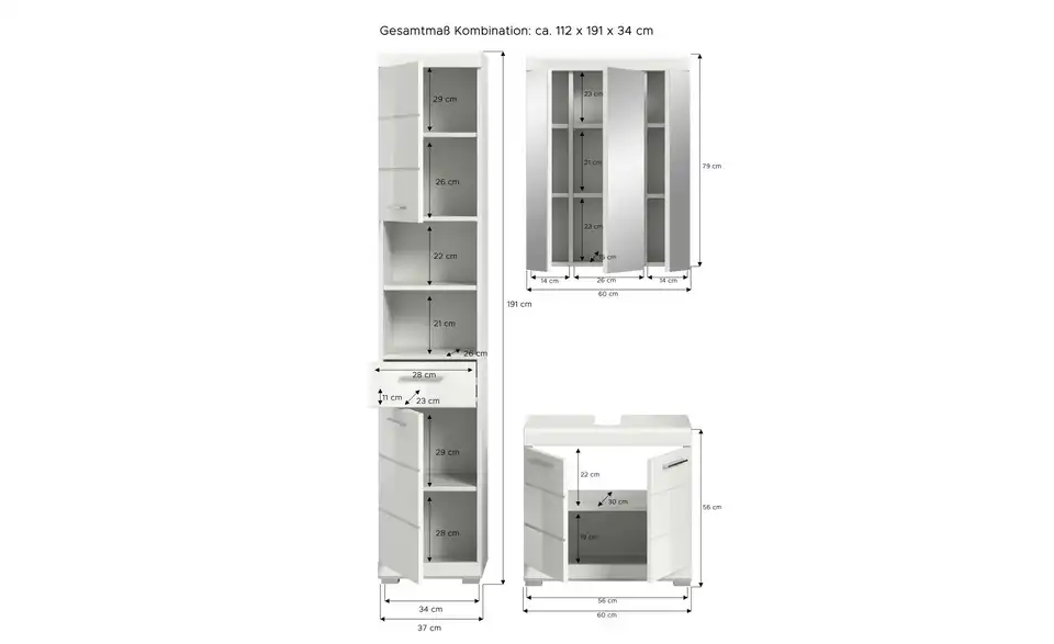 Badmöbel-Set SCHLOONSEE, 3 teilig, bestehend aus: Hochschrank, Waschbeckenunterschrank, Spiegelschrank Schloonsee, Bemaßung