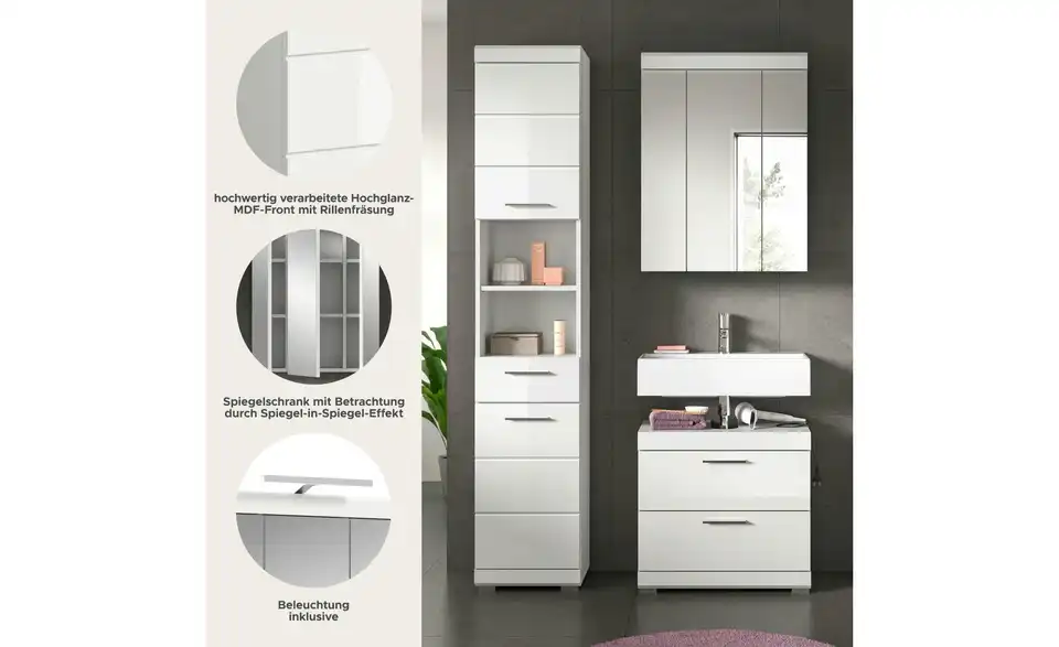 Badmöbel-Set SCHLOONSEE, 3 teilig, bestehend aus: Hochschrank, Waschbeckenunterschrank, Spiegelschrank Schloonsee, Bild mit Text