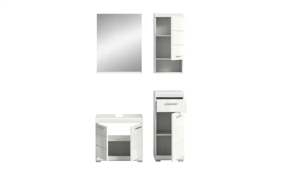 Badmöbel-Set SCHLOONSEE, 4 teilig, bestehend aus: Waschbeckenunterschrank, Spiegel, Unterschrank, Hängeschrank Schloonsee, geöffnet