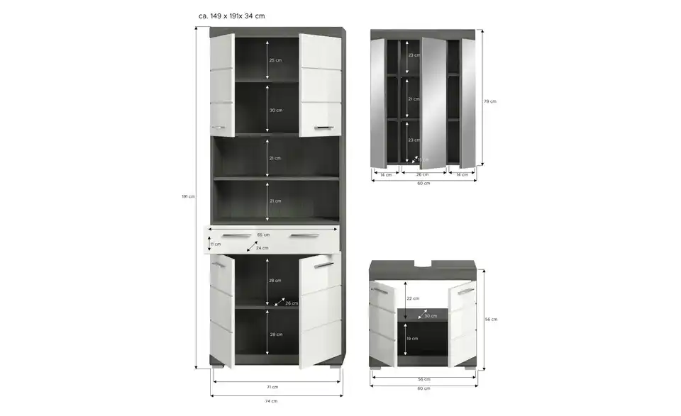 Badkombination, Bemaßung